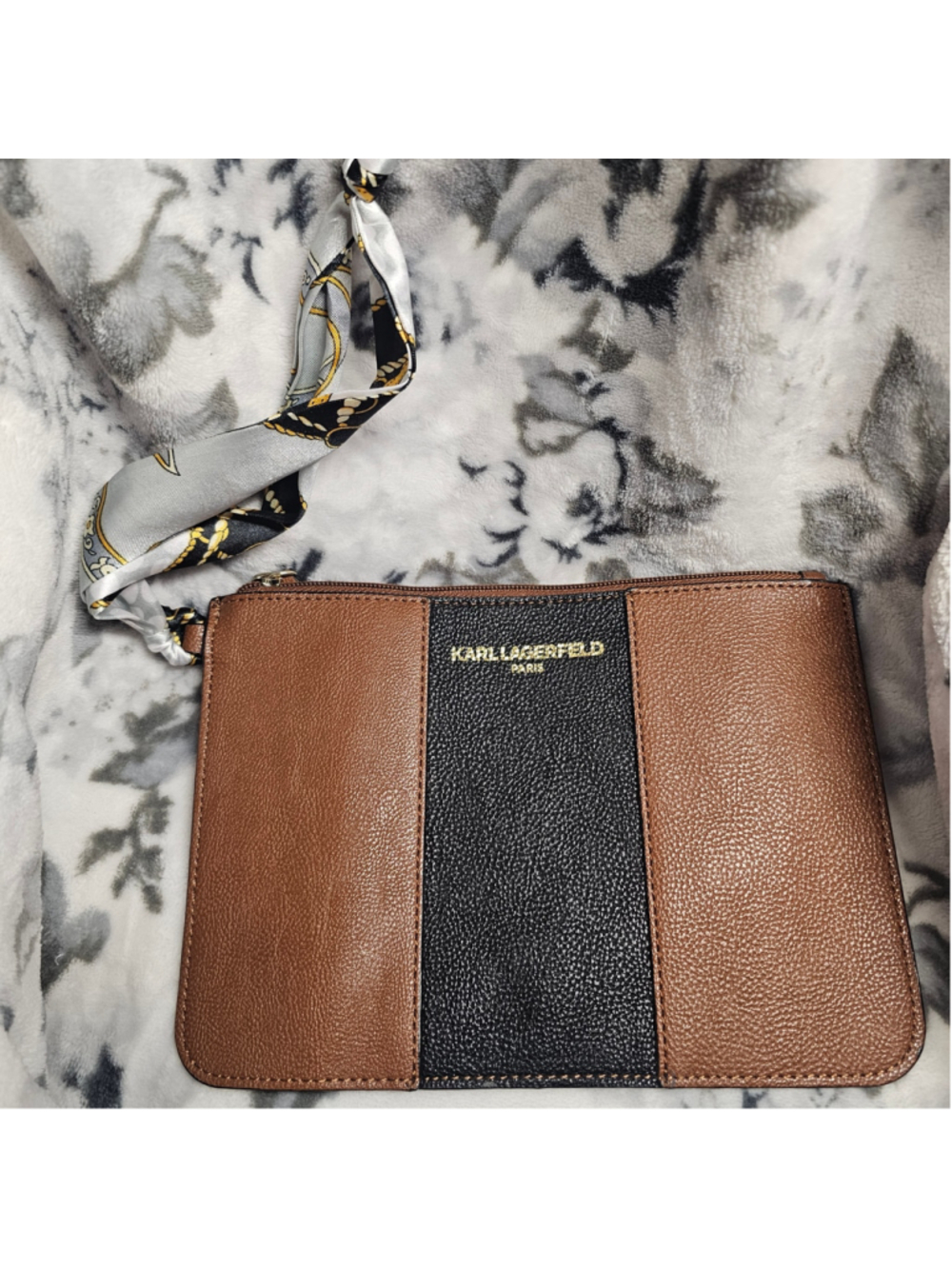 Karl Lagerfeld Paris Colorblock Leather Pouch Wristlet with Satin Scarf Strap